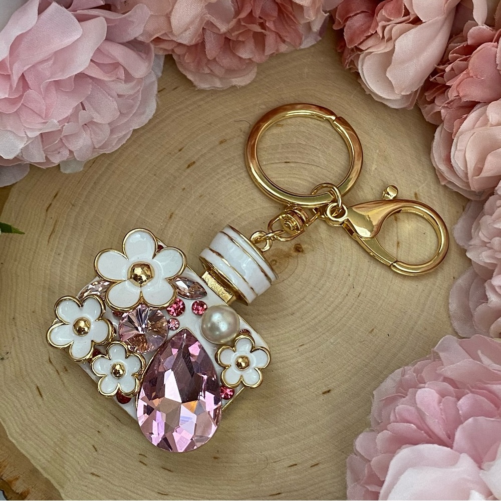 Pink Crystal Flower Perfume Bottle Keychain Charm - Picture 10 of 16